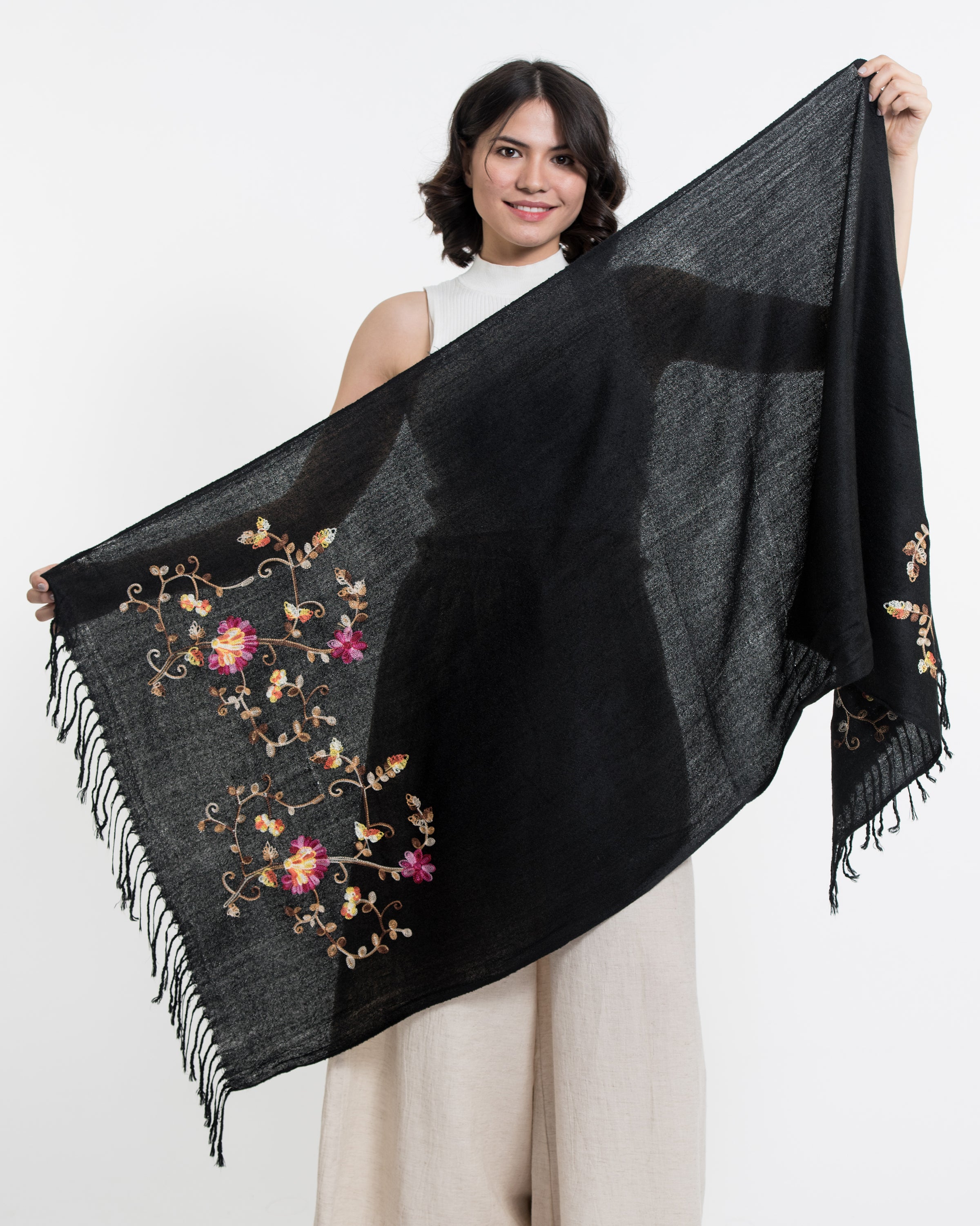 Nepal Floral Embroidered Pashmina Shawl Scarf in Black