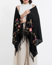 Nepal Floral Embroidered Pashmina Shawl Scarf in Black