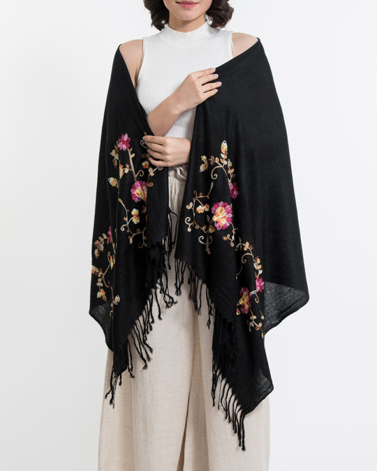Nepal Floral Embroidered Pashmina Shawl Scarf in Black