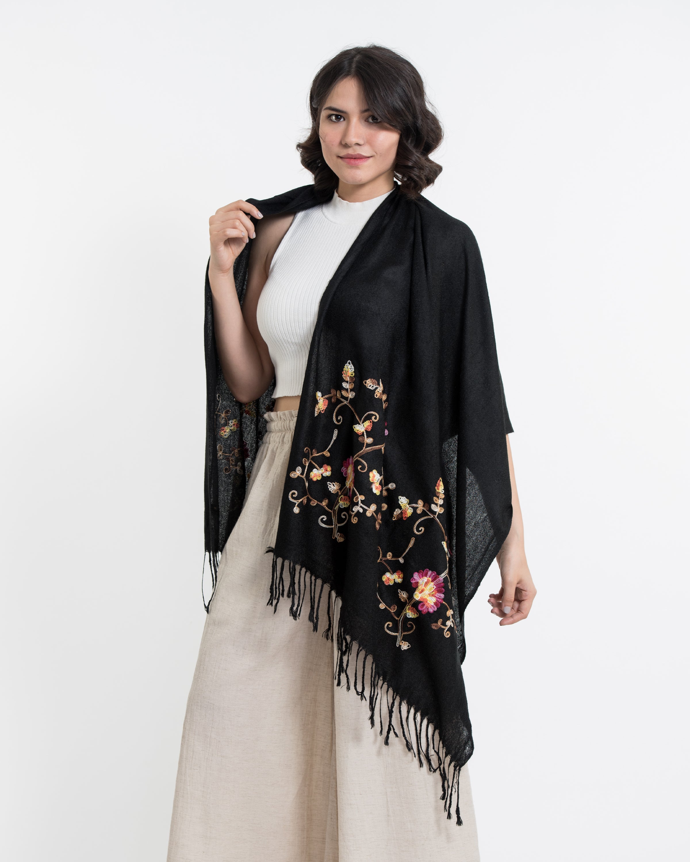 Nepal Floral Embroidered Pashmina Shawl Scarf in Black