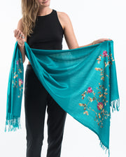 Nepal Floral Embroidered Pashmina Shawl Scarf in Turquoise