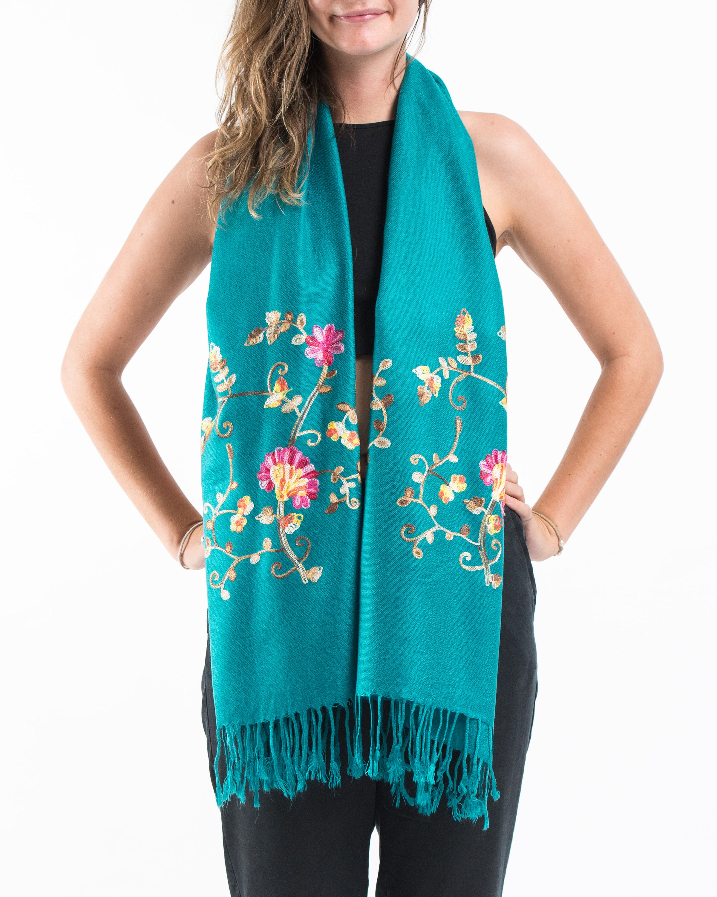 Nepal Floral Embroidered Pashmina Shawl Scarf in Turquoise
