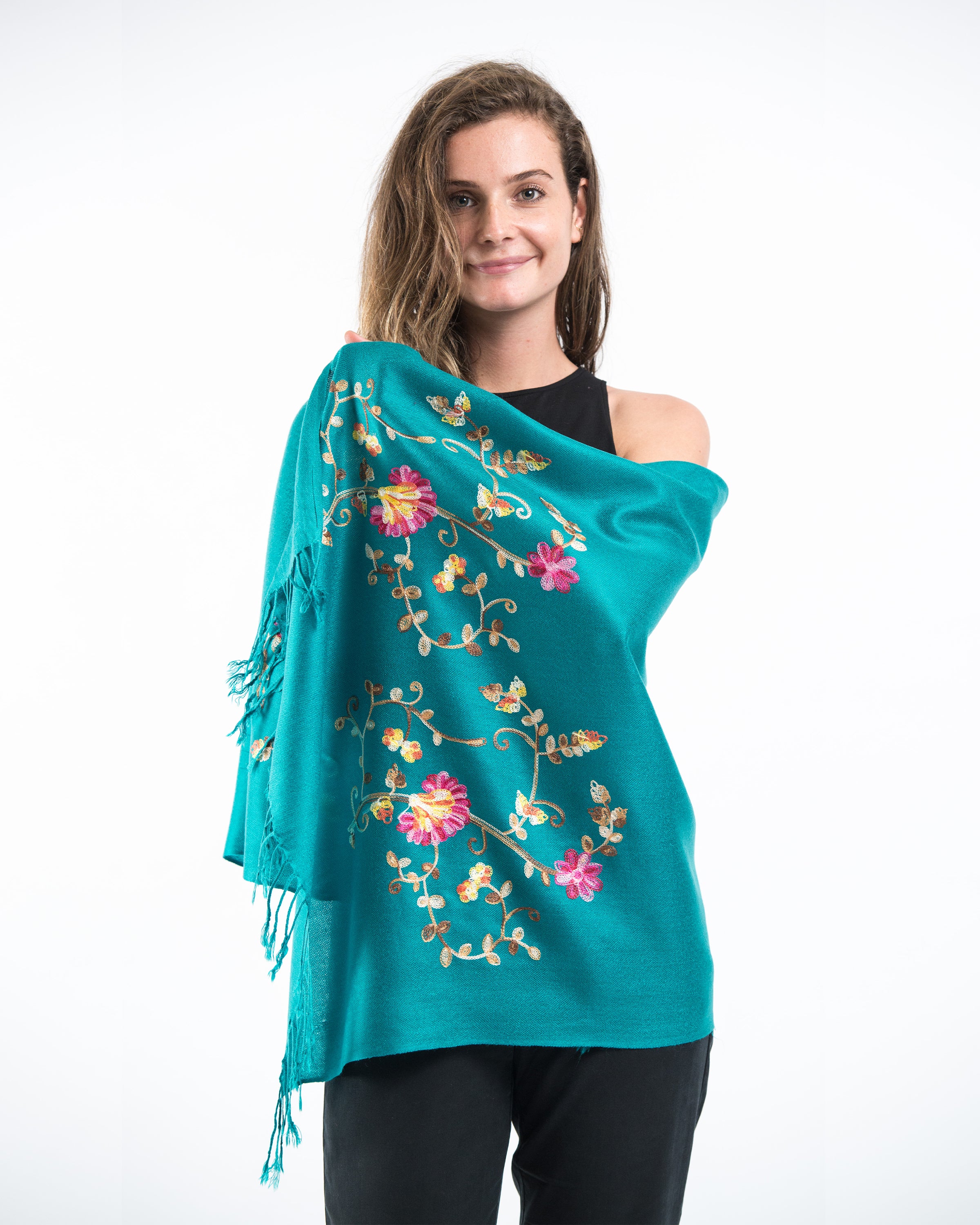 Nepal Floral Embroidered Pashmina Shawl Scarf in Turquoise