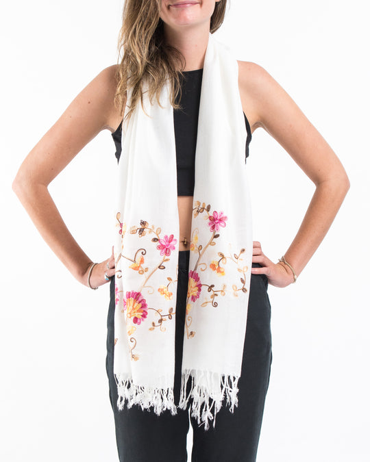 Nepal Floral Embroidered Pashmina Shawl Scarf in White