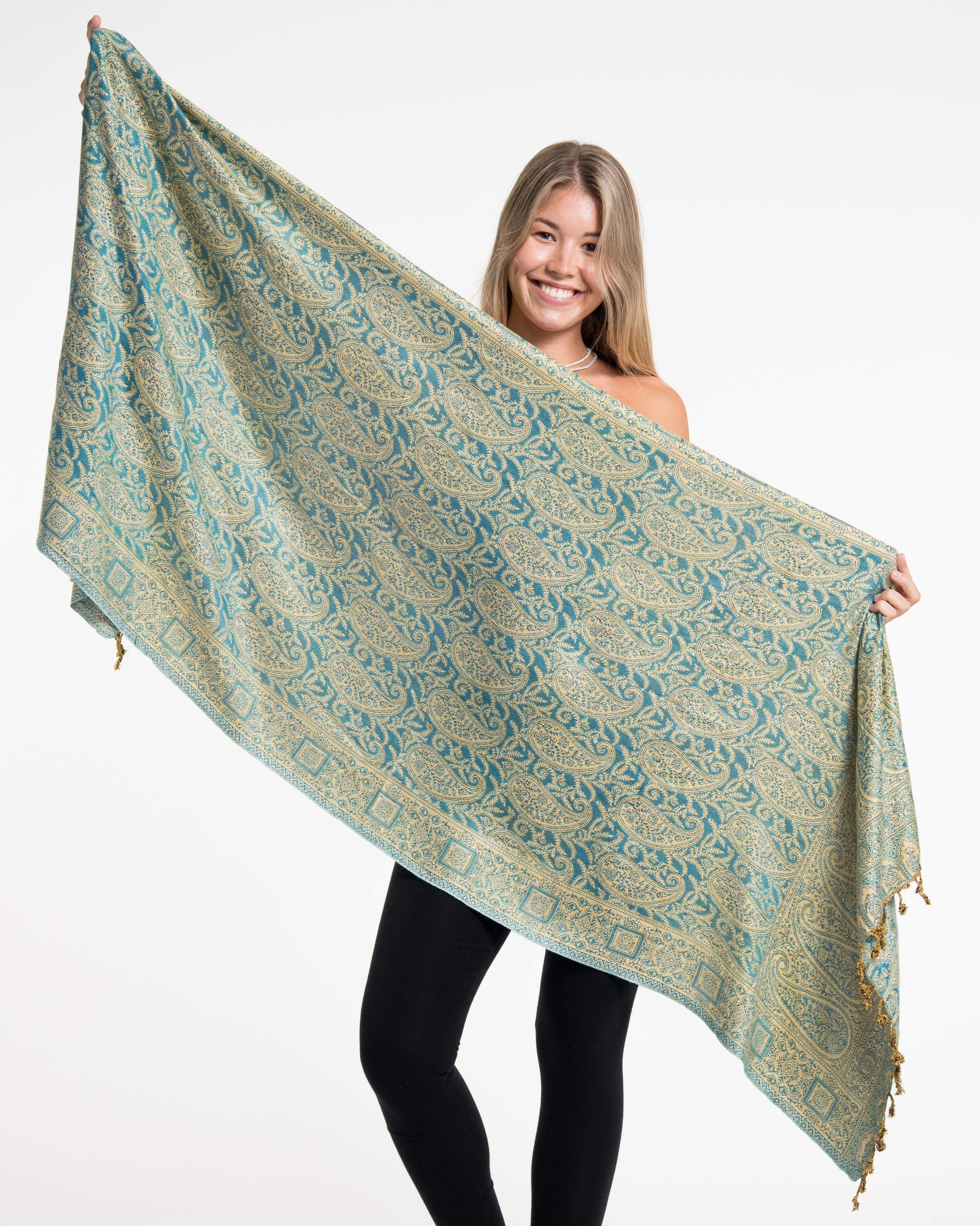 Indian Traditional Paisley Pashmina Shawl Scarf in Blue