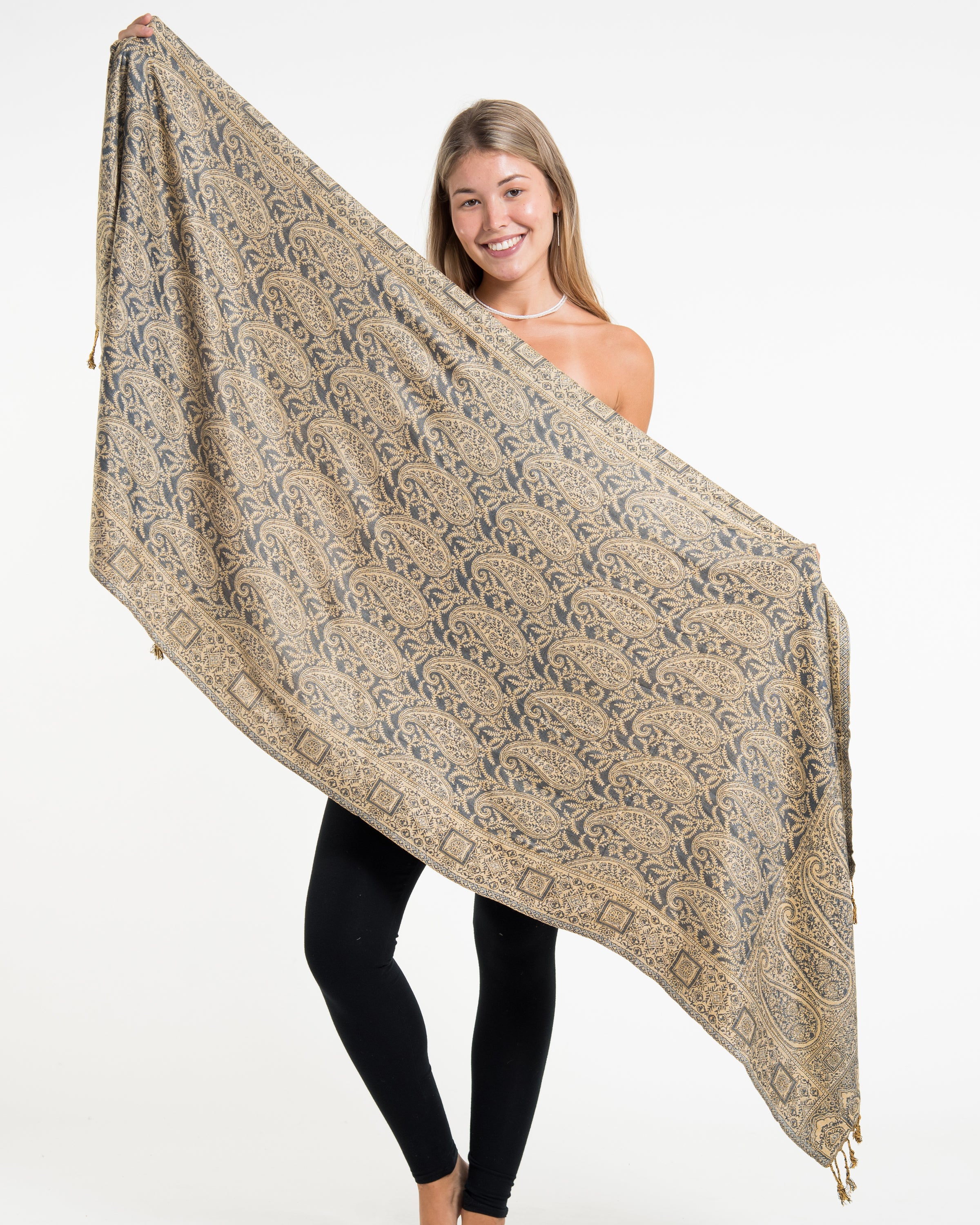 Indian Traditional Paisley Pashmina Shawl Scarf in Gray