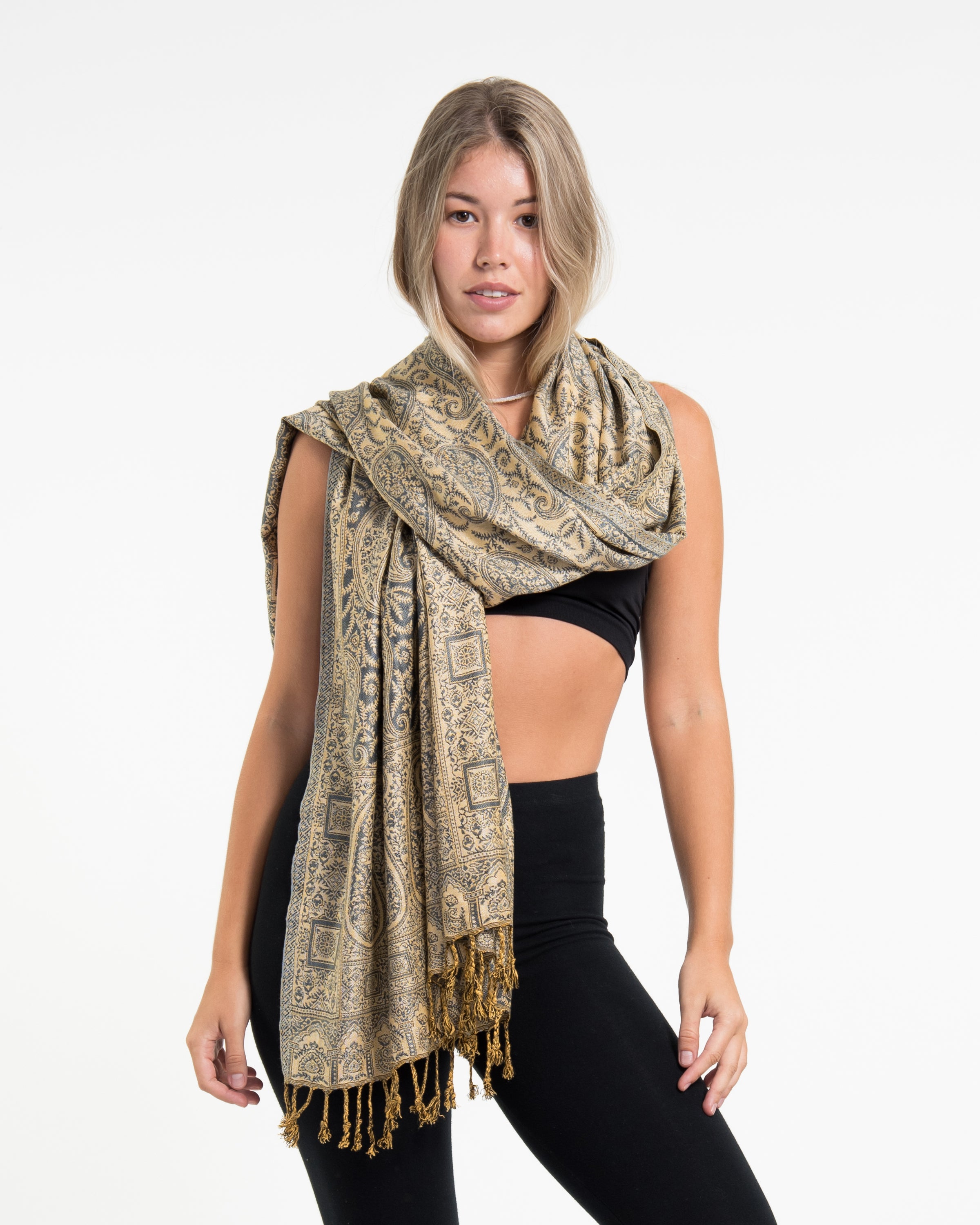 Indian Traditional Paisley Pashmina Shawl Scarf in Gray