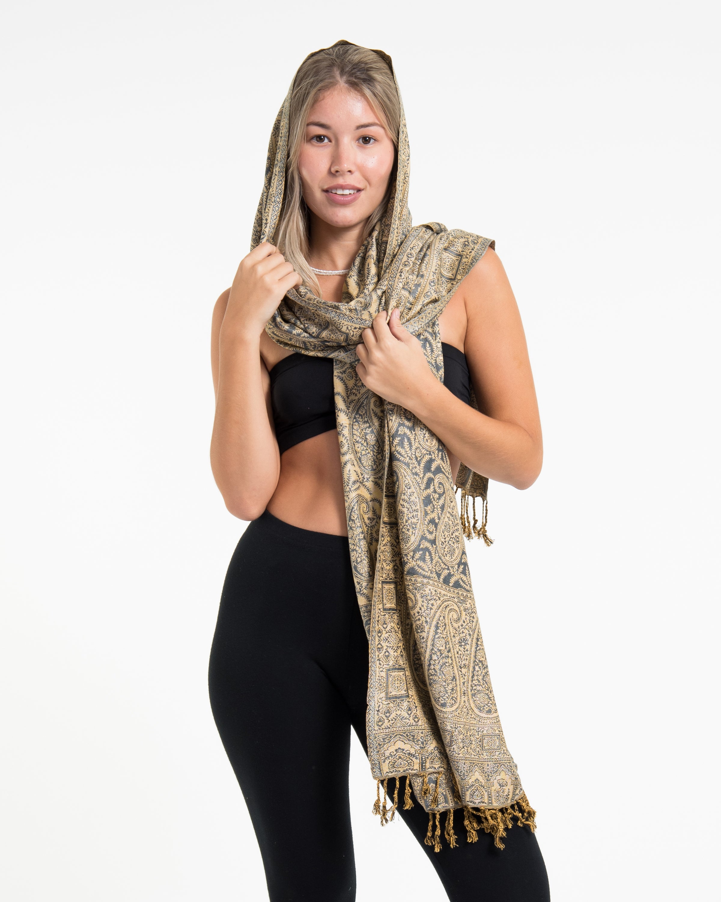 Indian Traditional Paisley Pashmina Shawl Scarf in Gray