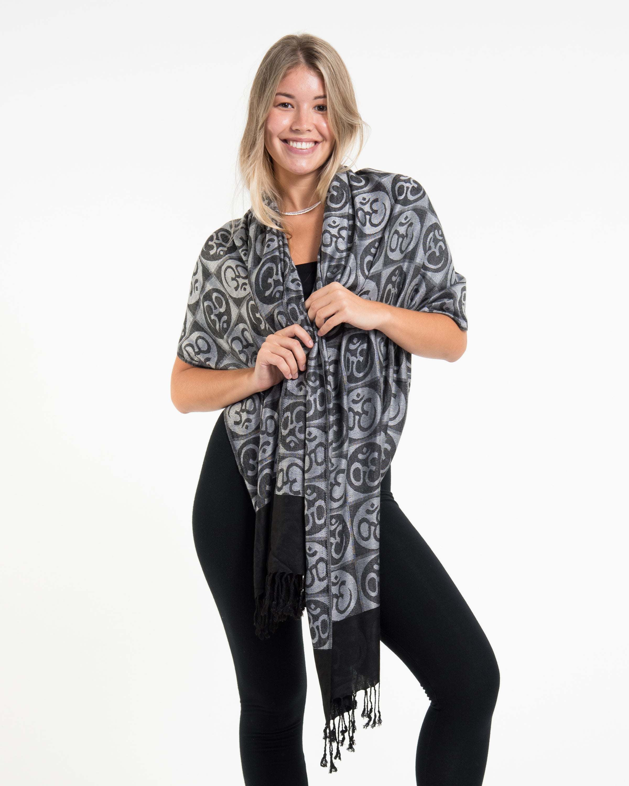 Indian Traditional Om Pashmina Shawl Scarf in Black
