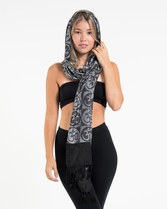 Indian Traditional Om Pashmina Shawl Scarf in Black