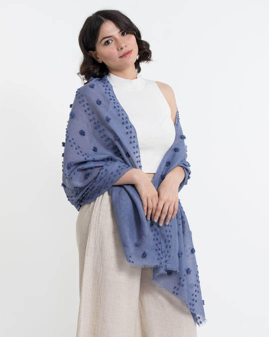 Cotton Blend Shawl Scarf with Pom Poms in Blue