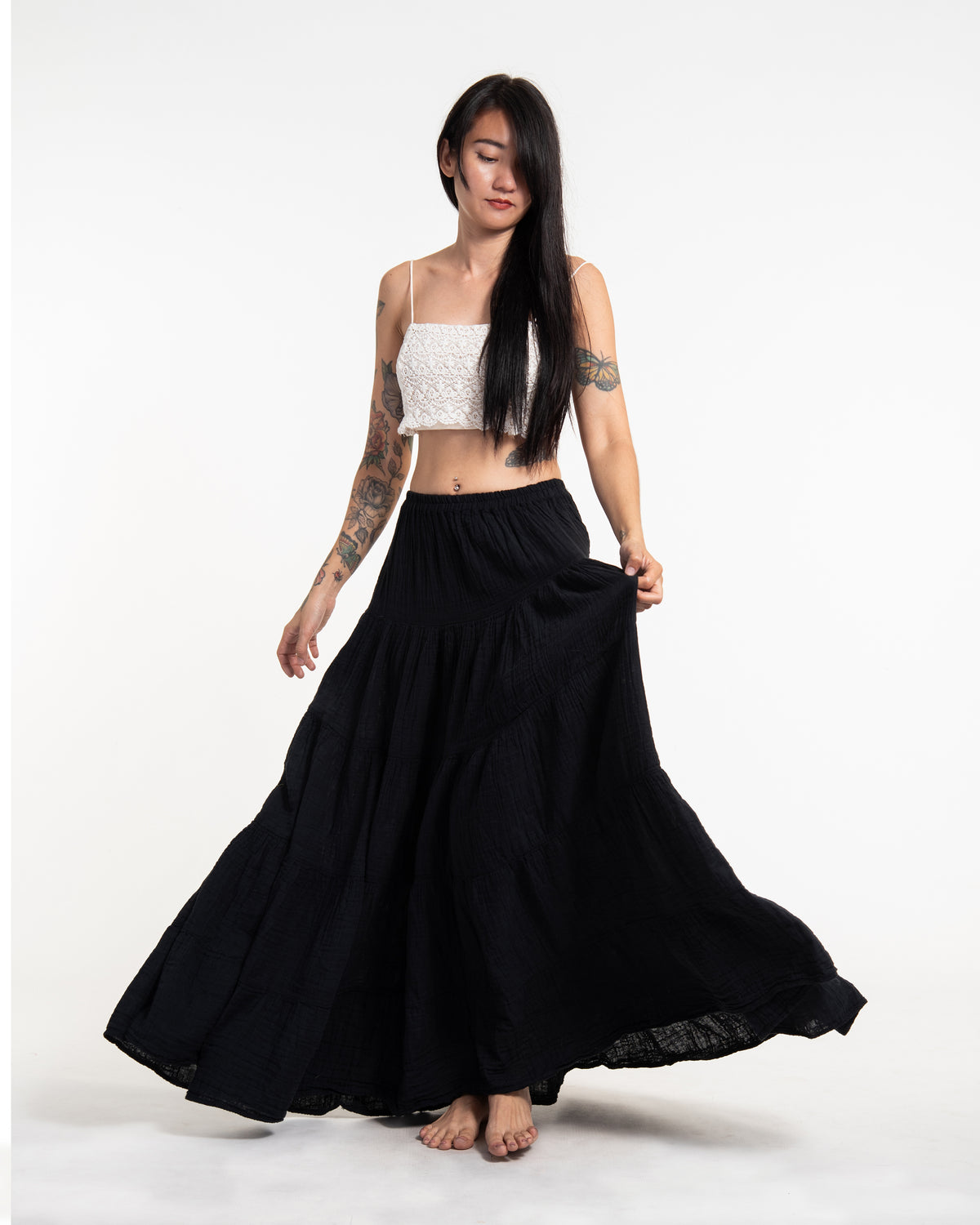 Women's Crinkled Cotton Maxi Skirt in Black