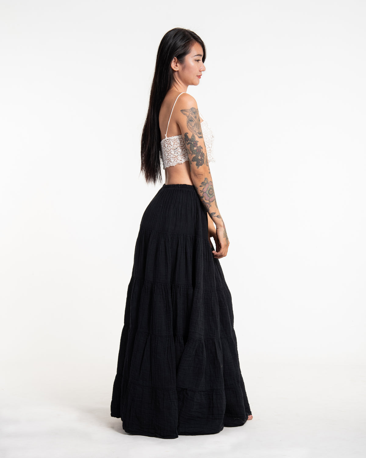 Women's Crinkled Cotton Maxi Skirt in Black
