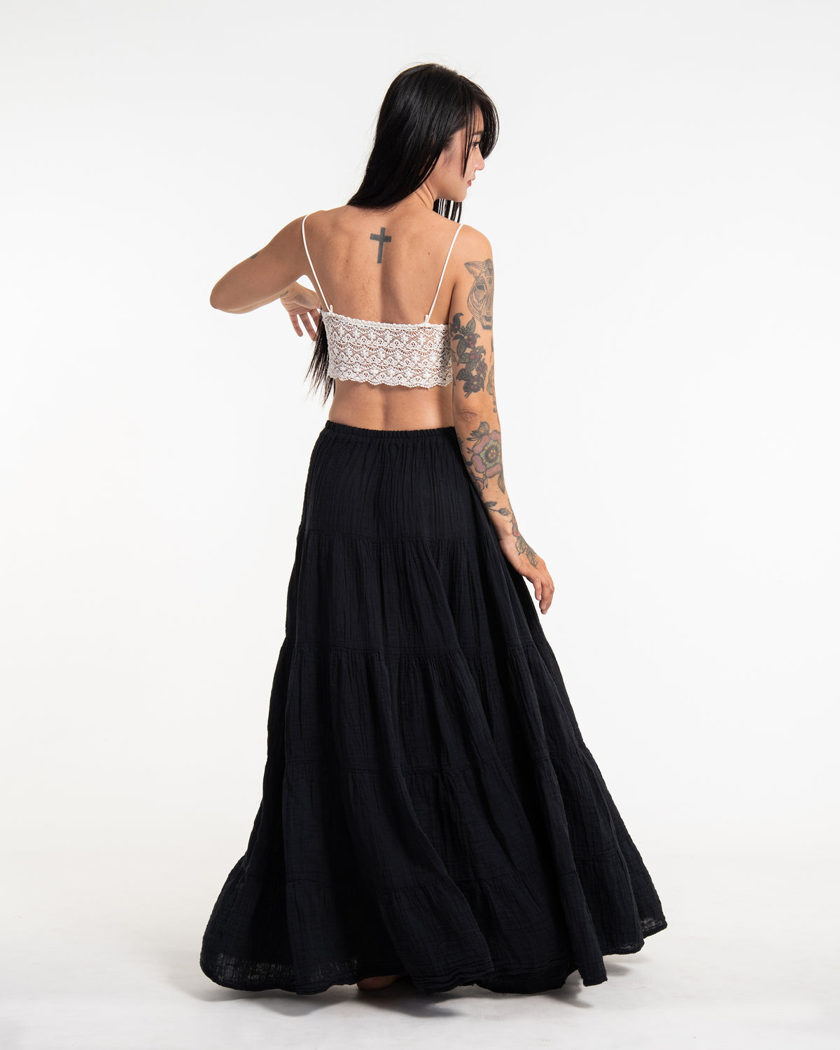 Women's Crinkled Cotton Maxi Skirt in Black