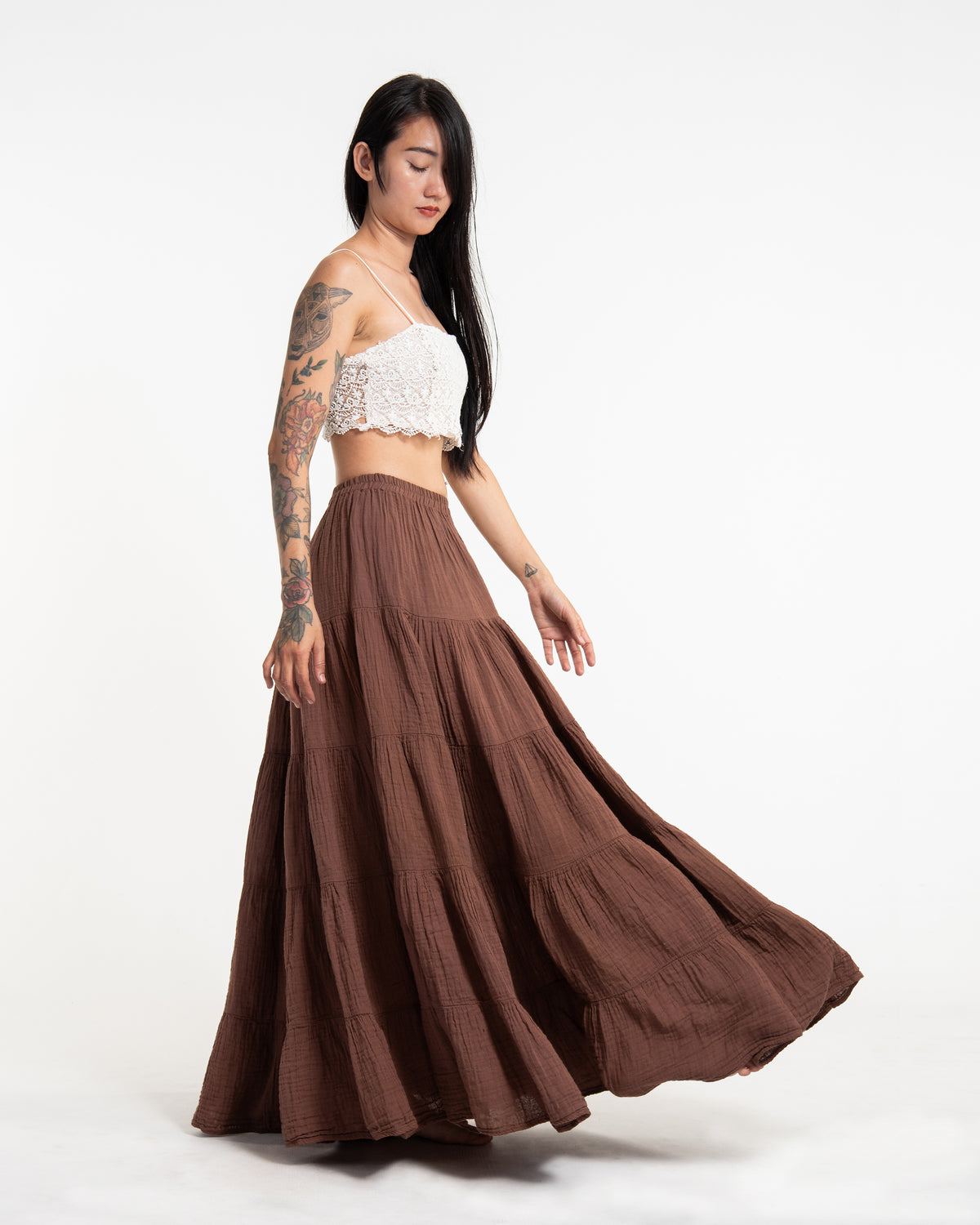 Women's Crinkled Cotton Maxi Skirt in Brown