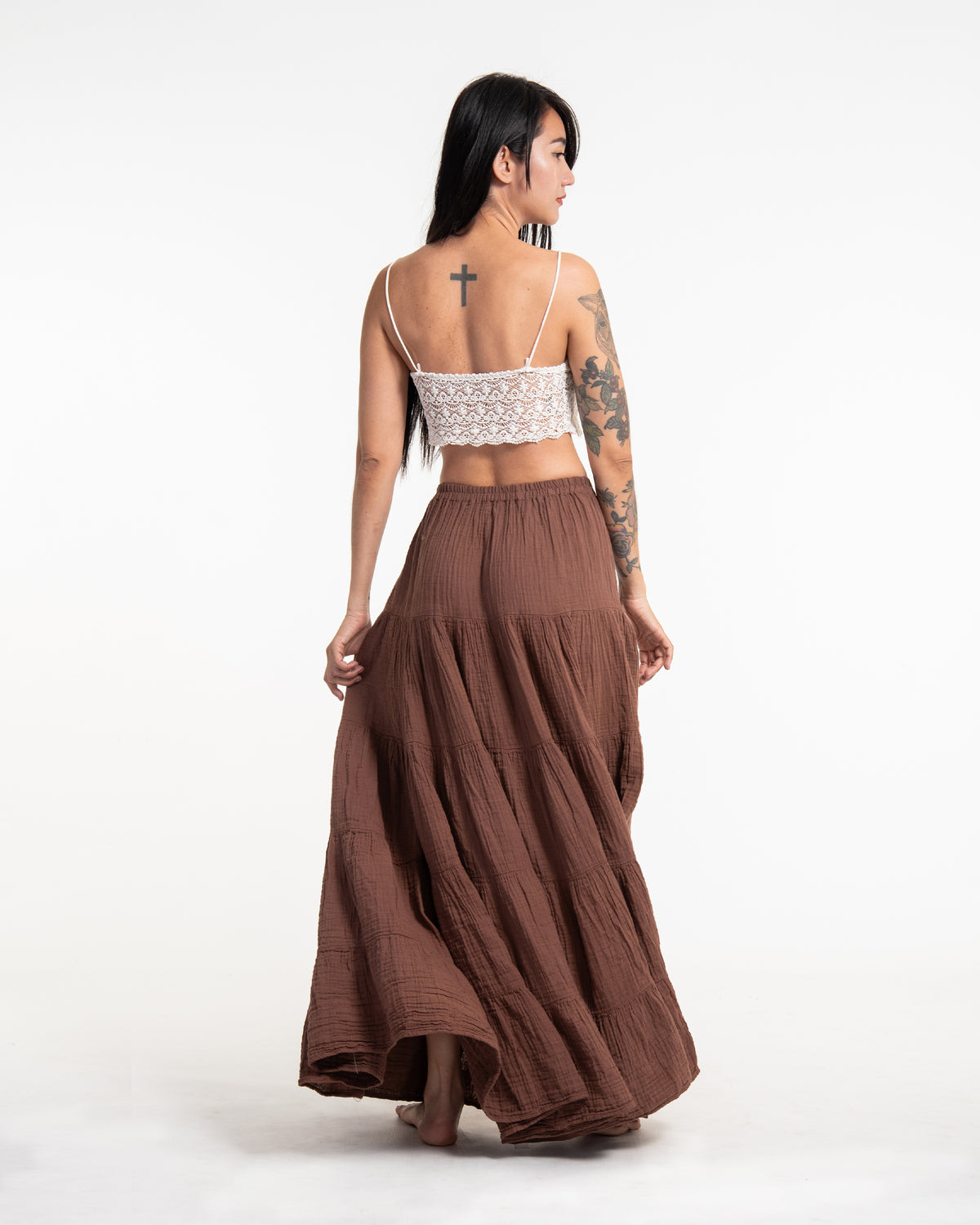 Women's Crinkled Cotton Maxi Skirt in Brown