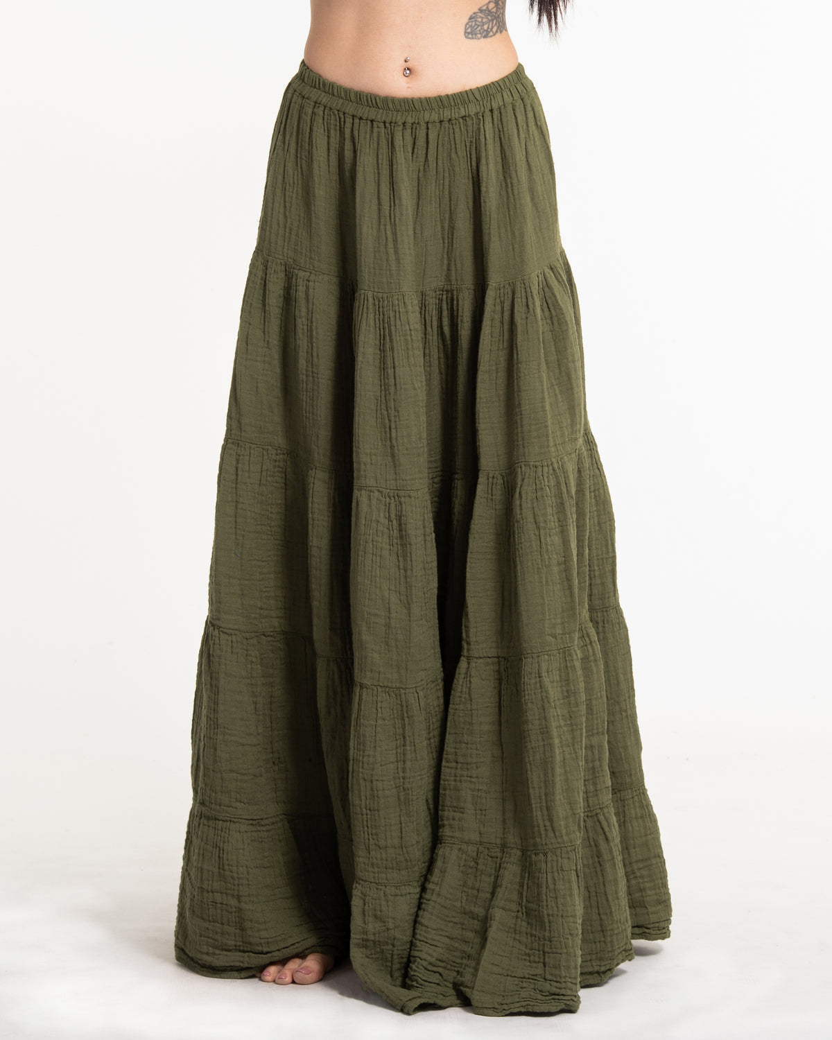 Women's Crinkled Cotton Maxi Skirt in Green