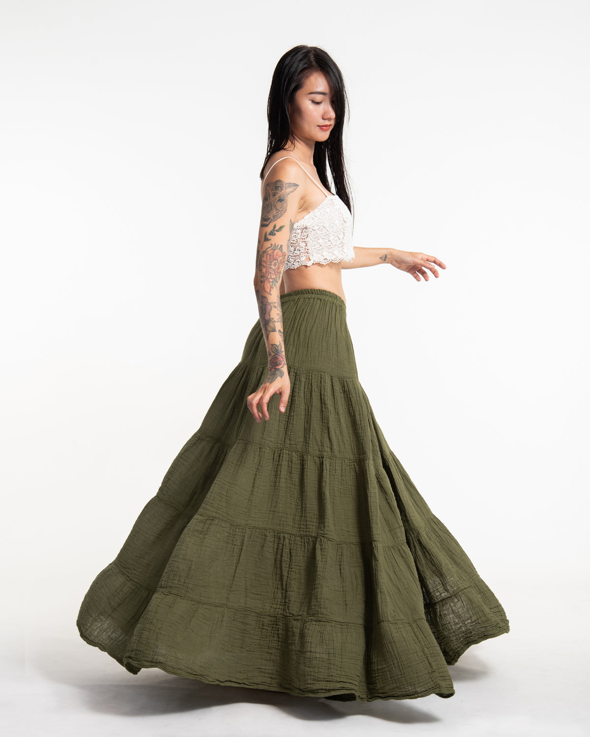 Women's Crinkled Cotton Maxi Skirt in Green