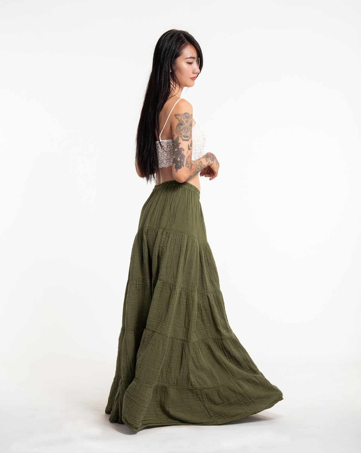 Women's Crinkled Cotton Maxi Skirt in Green