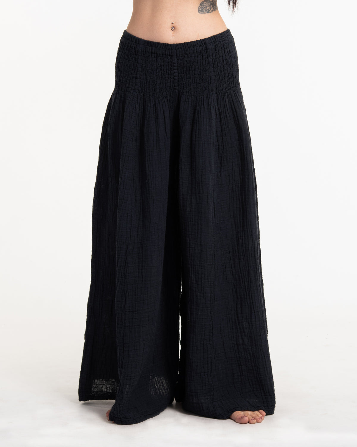 Women's Smocked Waist Crinkled Cotton Wide Leg Pants in Black