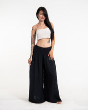 Women's Smocked Waist Crinkled Cotton Wide Leg Pants in Black