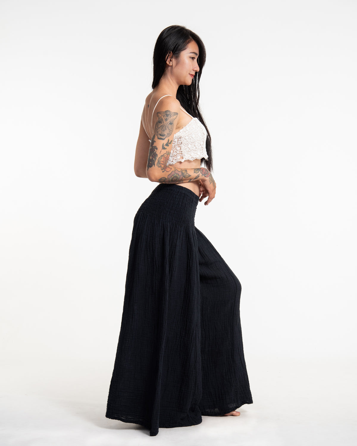 Women's Smocked Waist Crinkled Cotton Wide Leg Pants in Black