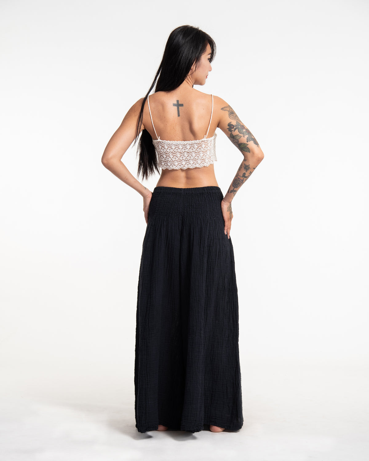 Women's Smocked Waist Crinkled Cotton Wide Leg Pants in Black