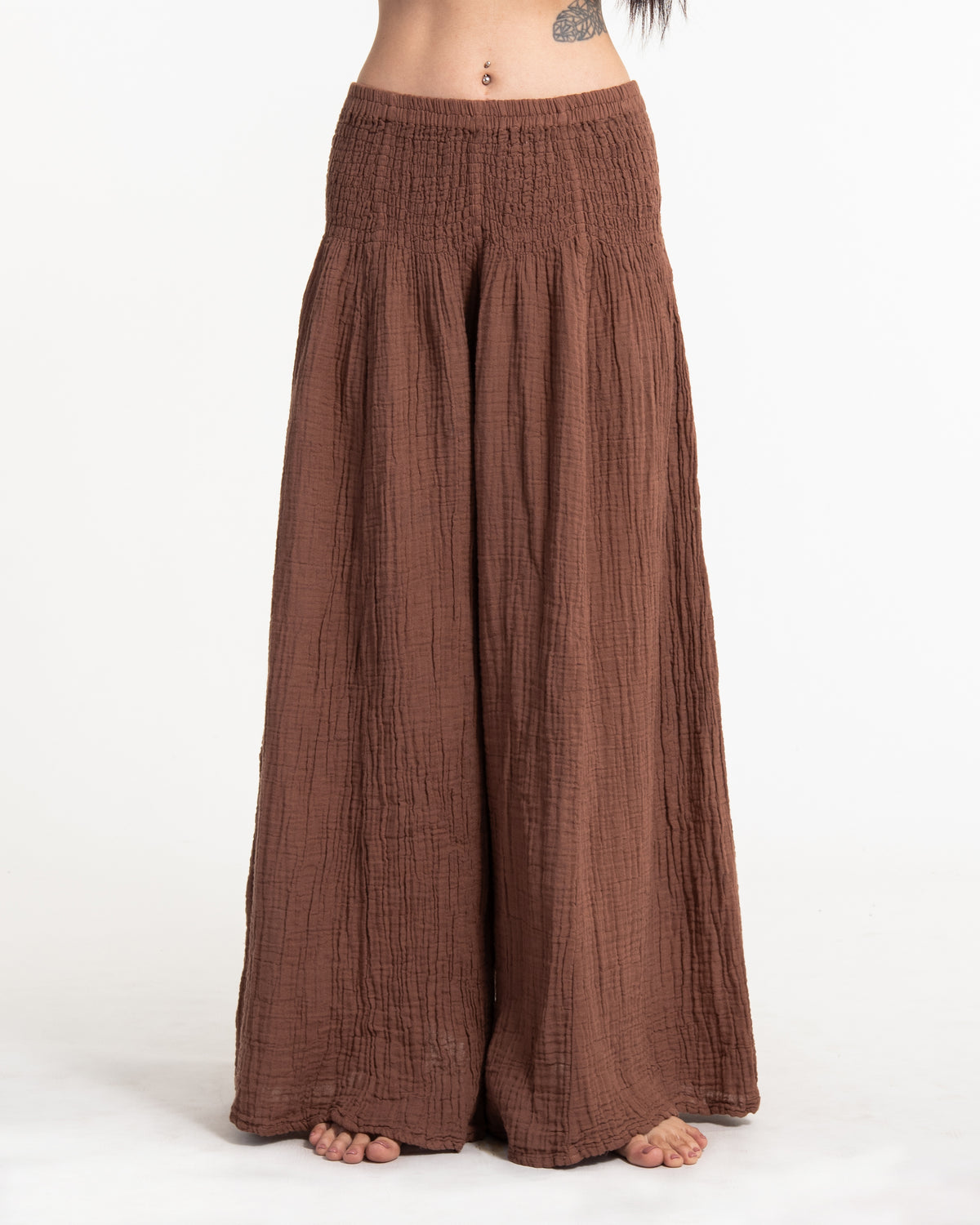 Women's Smocked Waist Crinkled Cotton Wide Leg Pants in Brown