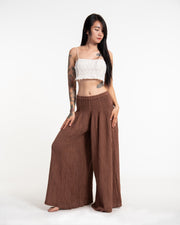 Women's Smocked Waist Crinkled Cotton Wide Leg Pants in Brown