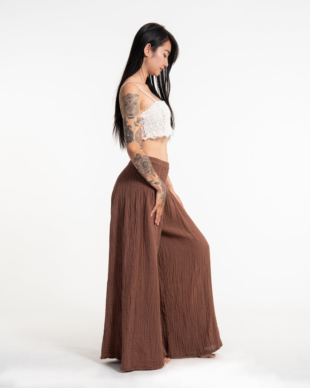 Women's Smocked Waist Crinkled Cotton Wide Leg Pants in Brown
