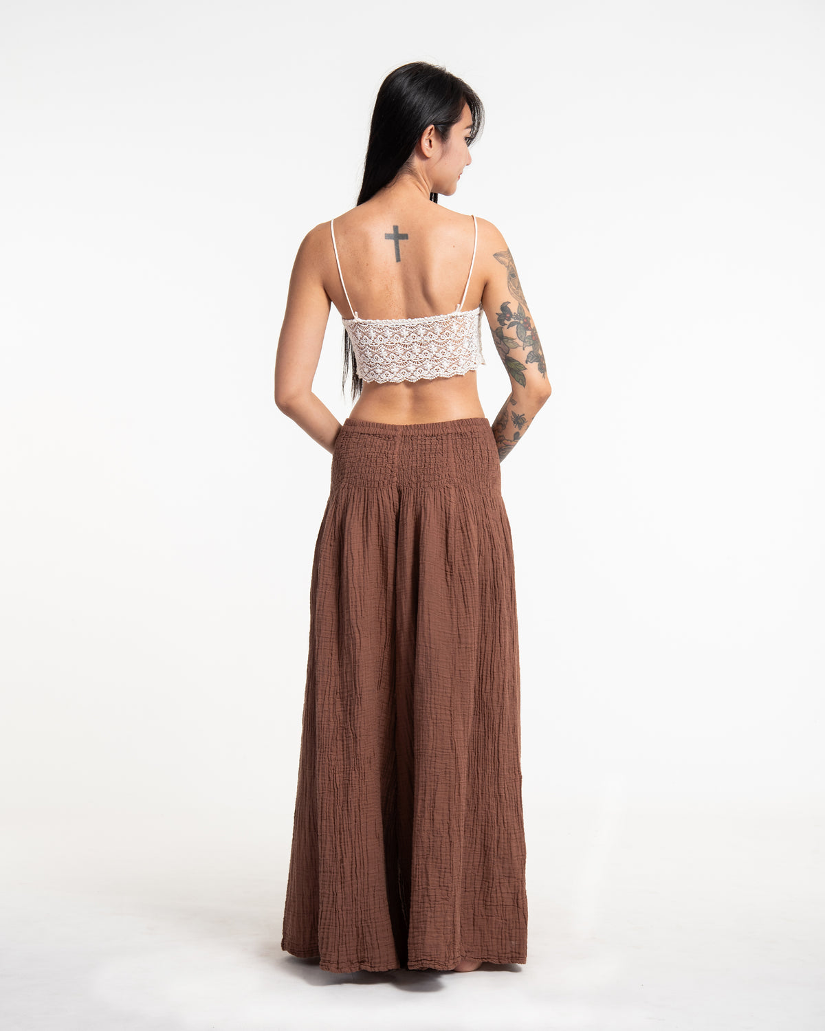 Women's Smocked Waist Crinkled Cotton Wide Leg Pants in Brown