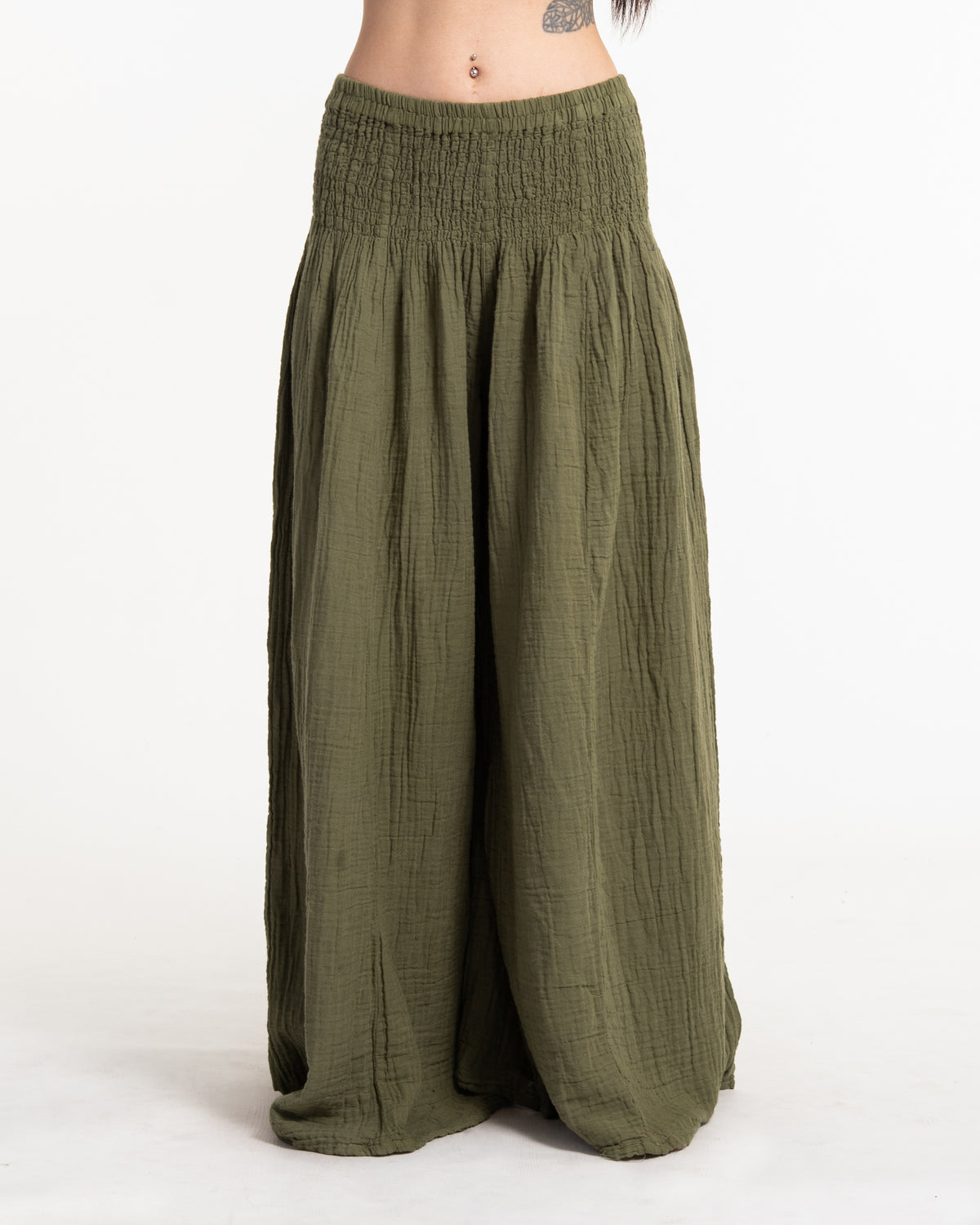Women's Smocked Waist Crinkled Cotton Wide Leg Pants in Green