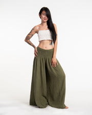 Women's Smocked Waist Crinkled Cotton Wide Leg Pants in Green