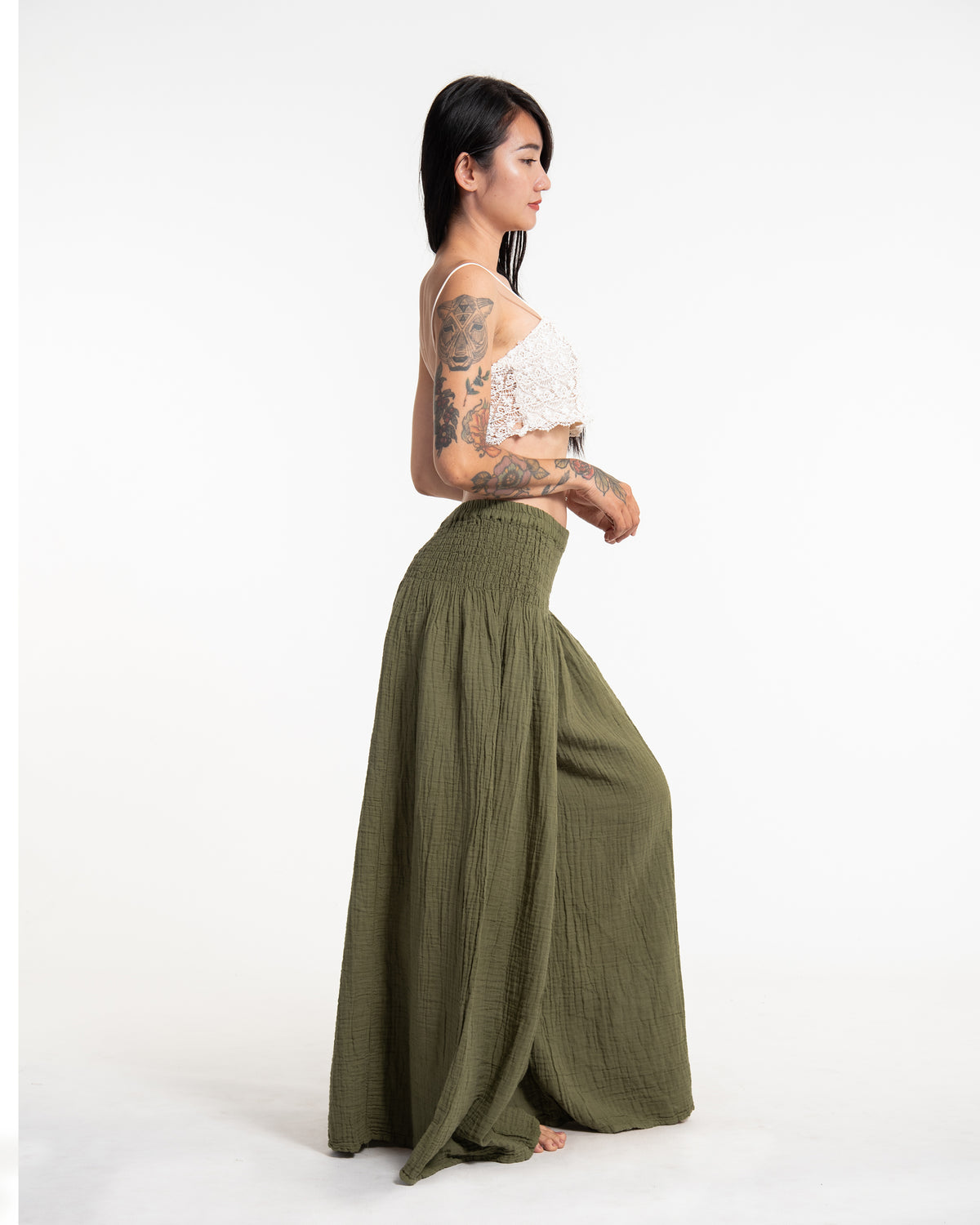 Women's Smocked Waist Crinkled Cotton Wide Leg Pants in Green