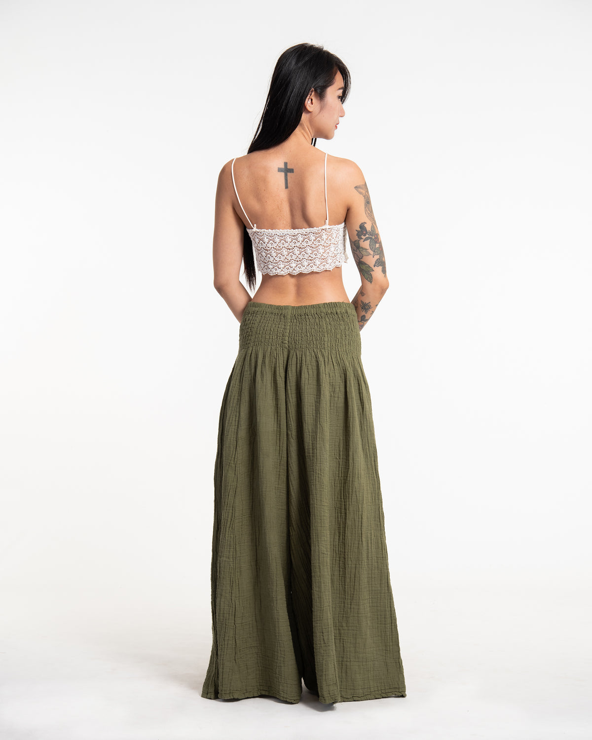 Women's Smocked Waist Crinkled Cotton Wide Leg Pants in Green