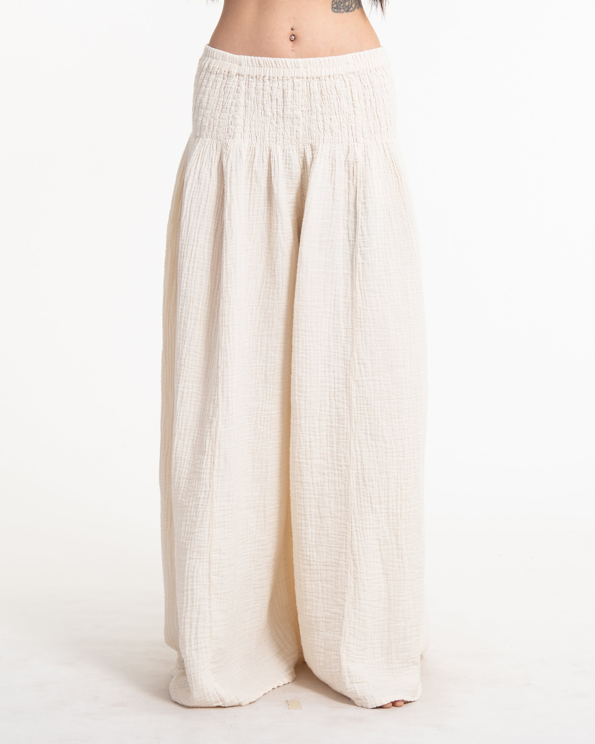 Women's Smocked Waist Double Gauze Cotton Wide Leg Pants in Off White