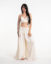 Women's Smocked Waist Double Gauze Cotton Wide Leg Pants in Off White