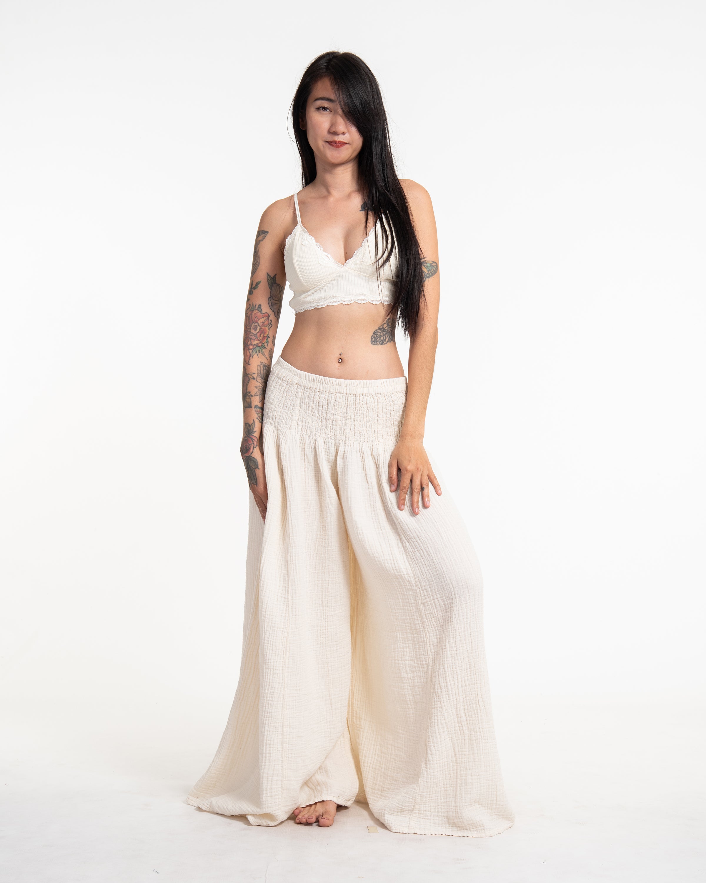 Women's Smocked Waist Double Gauze Cotton Wide Leg Pants in Off White