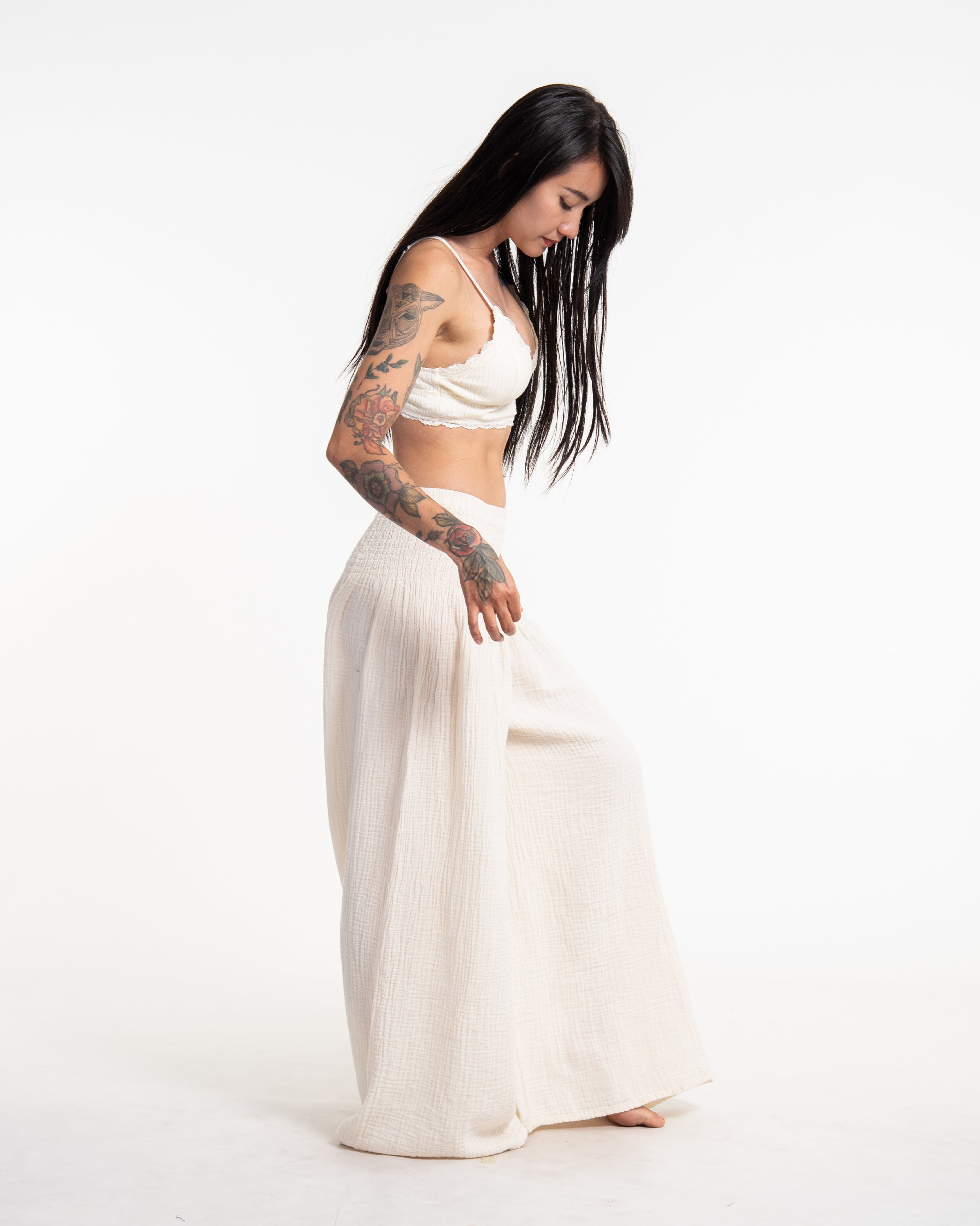 Women's Smocked Waist Double Gauze Cotton Wide Leg Pants in Off White