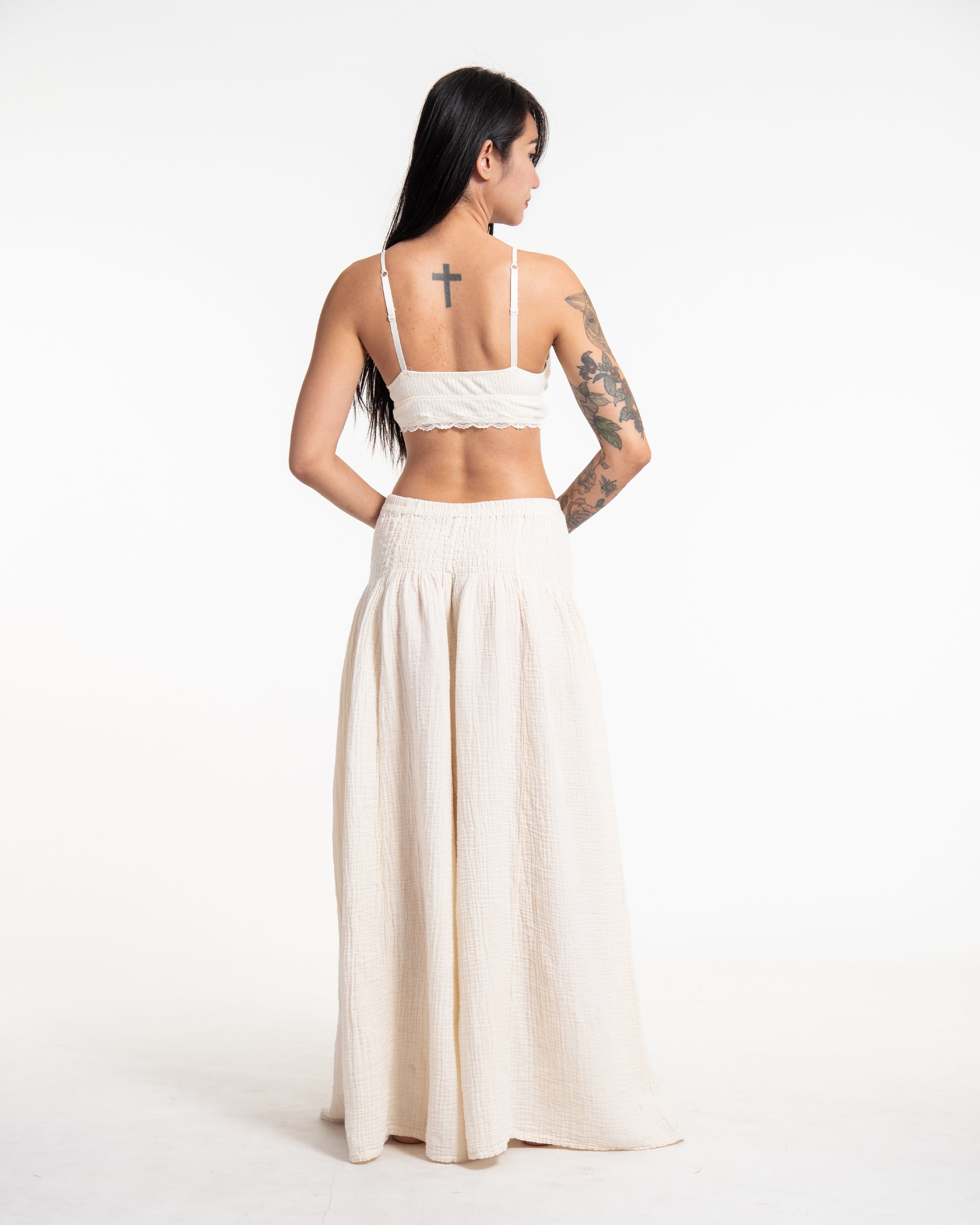 Women's Smocked Waist Double Gauze Cotton Wide Leg Pants in Off White