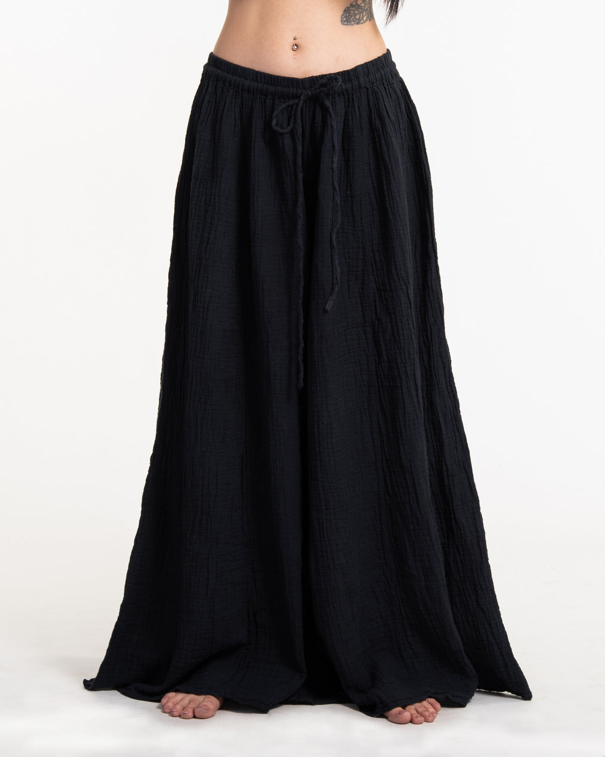Women's Drawstring Crinkled Cotton Wide Leg Pants in Black
