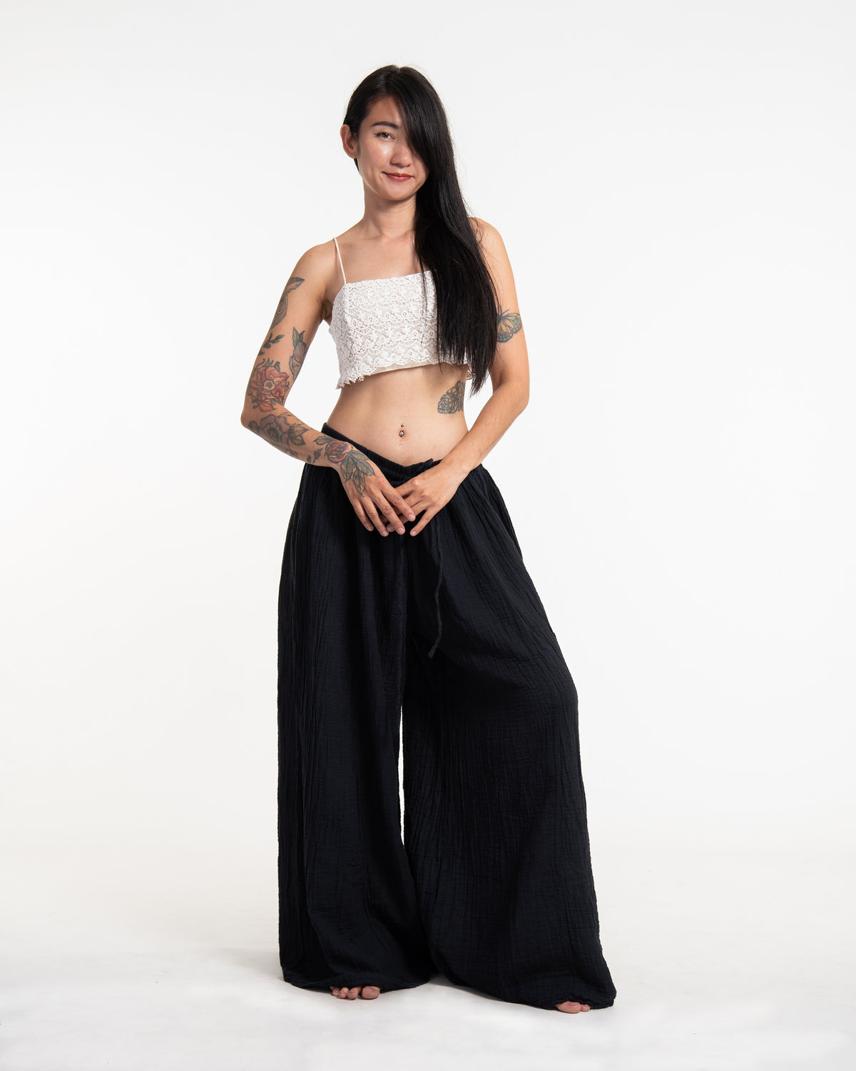 Women's Drawstring Crinkled Cotton Wide Leg Pants in Black
