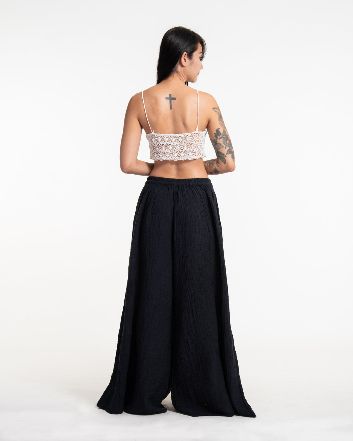 Women's Drawstring Crinkled Cotton Wide Leg Pants in Black
