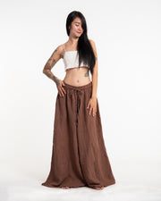 Women's Drawstring Crinkled Cotton Wide Leg Pants in Brown