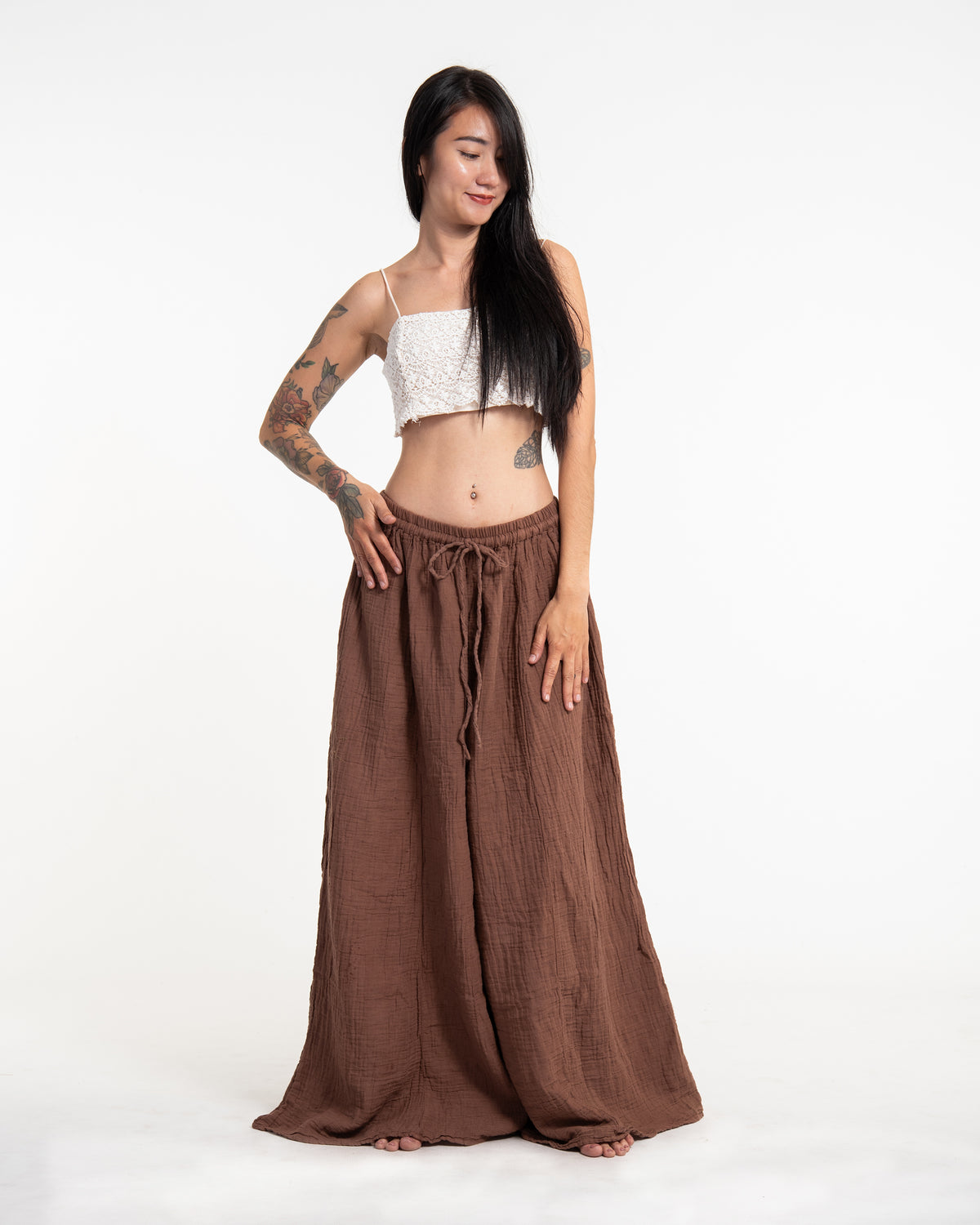 Women's Drawstring Crinkled Cotton Wide Leg Pants in Brown