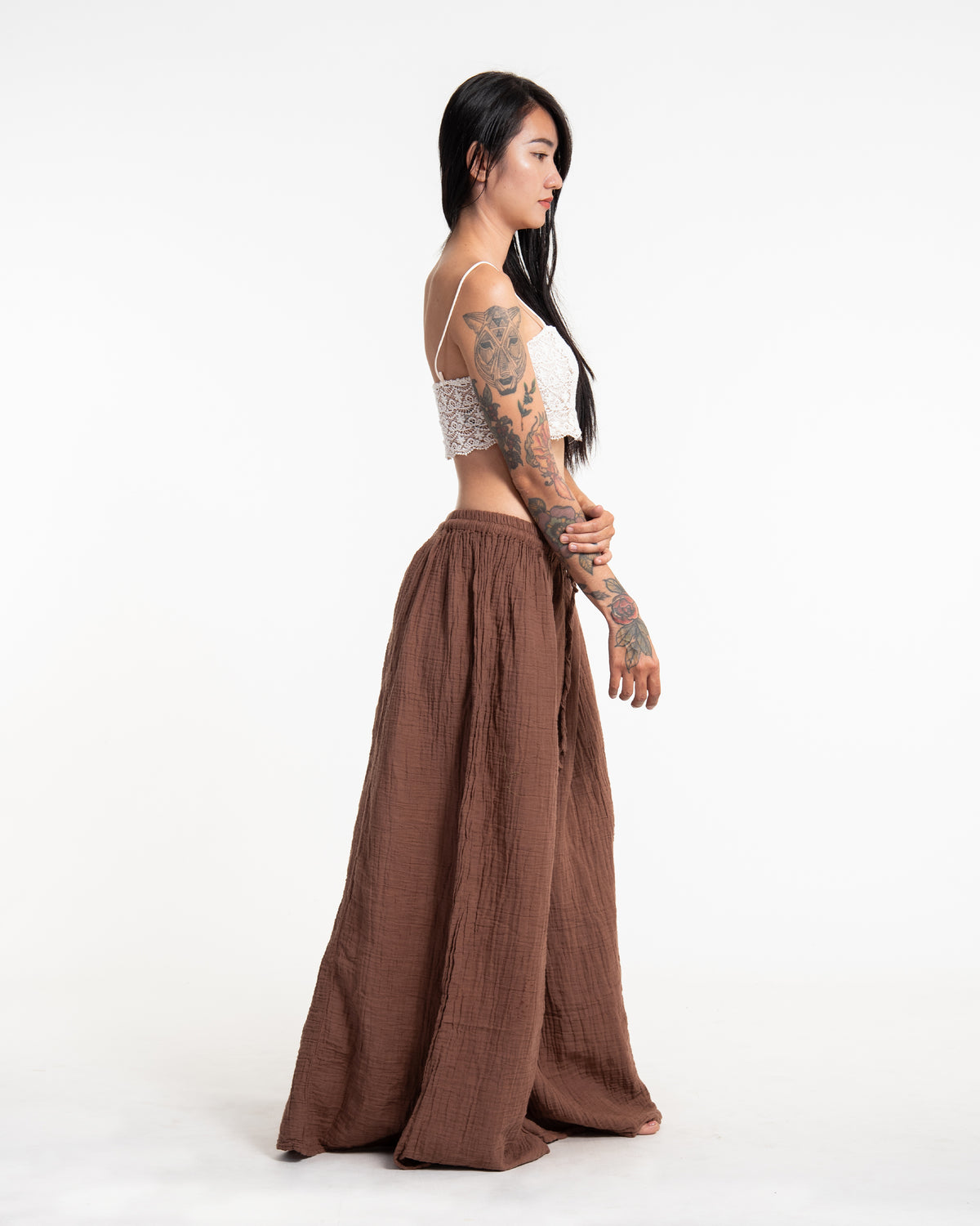 Women's Drawstring Crinkled Cotton Wide Leg Pants in Brown