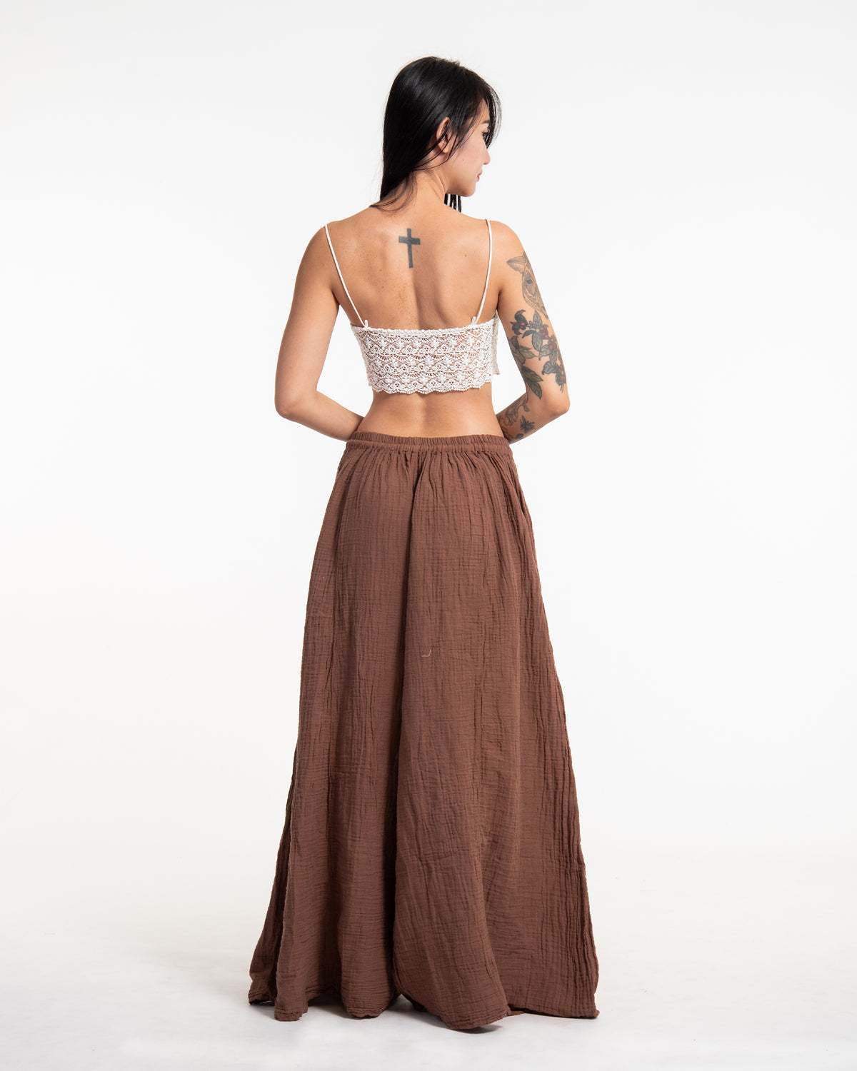 Women's Drawstring Crinkled Cotton Wide Leg Pants in Brown