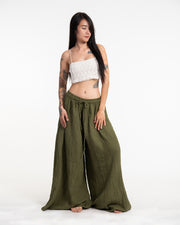 Women's Drawstring Crinkled Cotton Wide Leg Pants in Green
