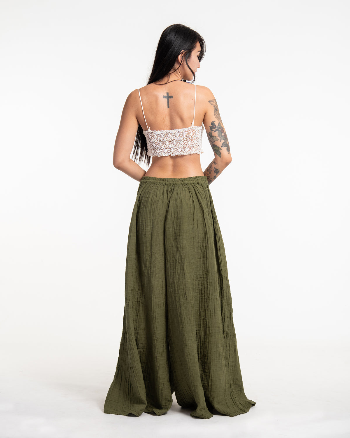 Women's Drawstring Crinkled Cotton Wide Leg Pants in Green