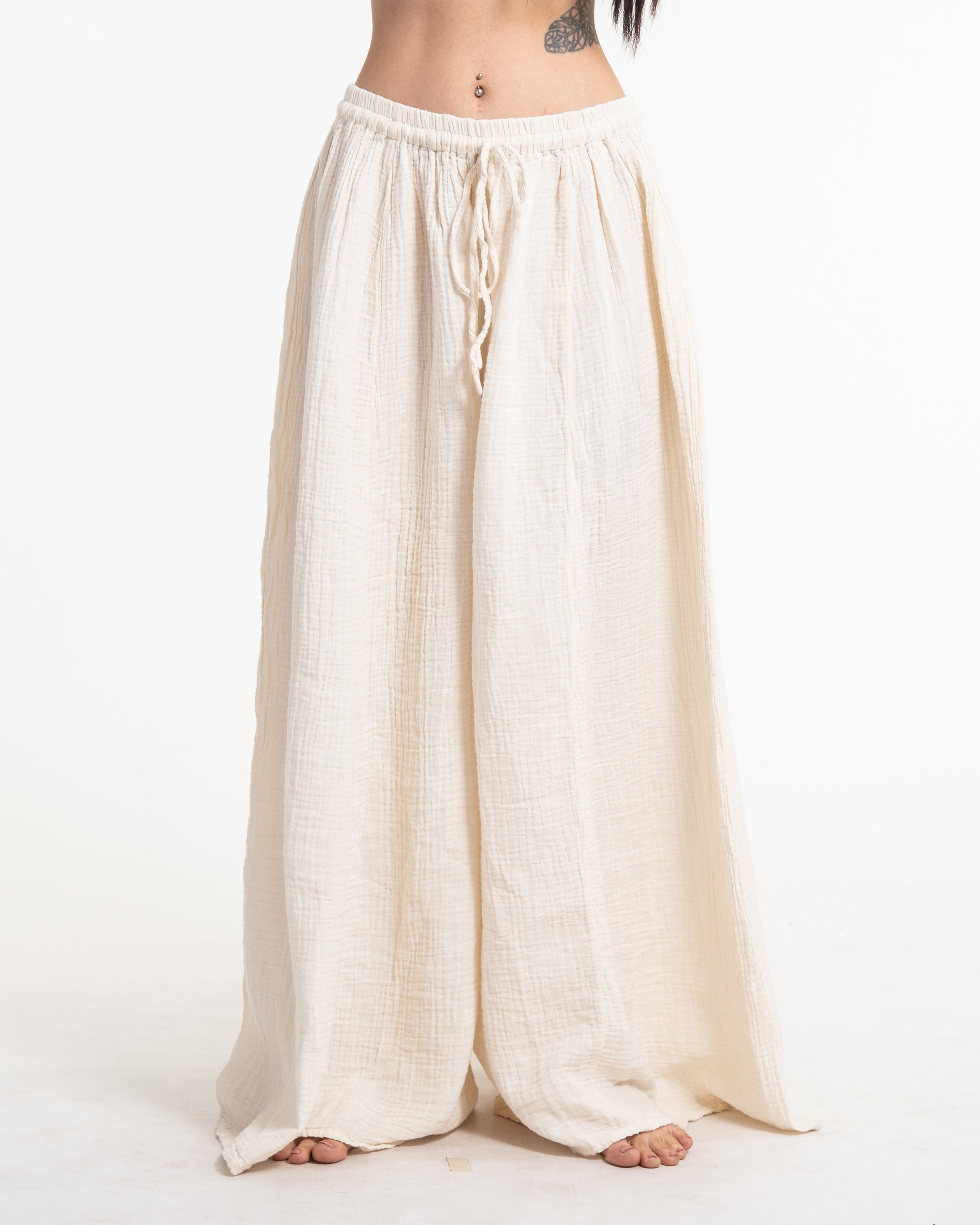 Women's Drawstring Crinkled Cotton Wide Leg Pants in Off White